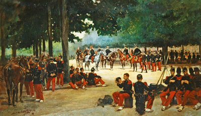 Regimiento de Infantería Descansando en el Bosque de Boulogne durante una Revisión, c.1885 de Jean Baptiste Edouard Detaille