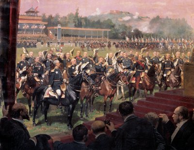 La distribución de banderas en Longchamp por el presidente Jules Grevy en presencia de Leon Gambetta el 14 de julio de Jean Baptiste Edouard Detaille