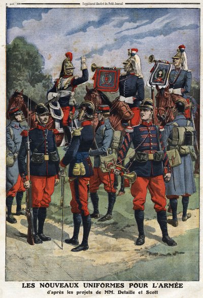 Los nuevos uniformes para el ejército francés según los proyectos de los pintores Edouard Detaille (1848-1912) y Georges Bertin Scott (1873-1942) llamado Scott de Plagnolles. Grabado en 