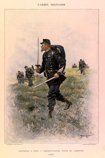 Tipos y uniformes del ejército francés del capitán Jules Richard, ilustrado por Edouard Detaille: Cazadores a pie: Sargento mayor en uniforme de campaña en 1885, Colección privada de Jean Baptiste Edouard Detaille
