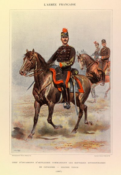 Tipos y uniformes del ejército francés del capitán Jules Richard, ilustrado por Edouard Detaille: Jefe de escuadrón de artillería comandando las baterías de caballería divisional en gran uniforme en 1887, Colección privada de Jean Baptiste Edouard Detaille