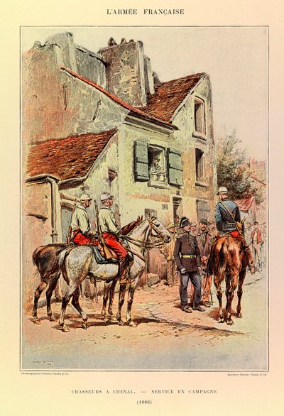 Tipos y uniformes del Ejército Francés del Capitán Jules Richard, ilustrado por Edouard Detaille (1848-1912): Cazadores a caballo; Servicio de campo en 1886, colección privada de Jean Baptiste Edouard Detaille