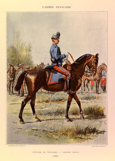 Tipos y uniformes del Ejército Francés del Capitán Jules Richard, ilustrado por Edouard Detaille (1848-1912): Oficial de Húsares en gran vestimenta en 1886, colección privada de Jean Baptiste Edouard Detaille