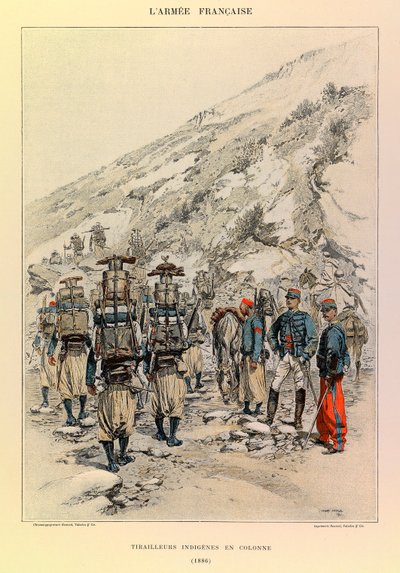 Tipos y Uniformes del Ejército Francés del Capitán Jules Richard, ilustrado por Edouard Detaille (1848-1912): Tiradores Indígenas en Columna en 1886, Colección Privada de Jean Baptiste Edouard Detaille