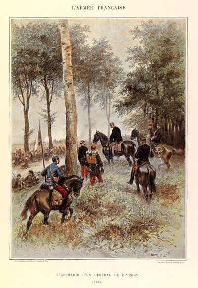 Tipos y Uniformes del Ejército Francés del Capitán Jules Richard, ilustrado por Edouard Detaille (1848-1912): Estado Mayor de un General de División en 1884, Colección Privada de Jean Baptiste Edouard Detaille