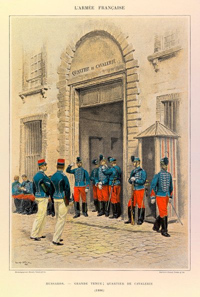 Tipos y uniformes del Ejército Francés del Capitán Jules Richard, ilustrado por Edouard Detaille (1848-1912): Húsares en Gran Atuendo; Distrito de Caballería en 1886, Colección Privada de Jean Baptiste Edouard Detaille