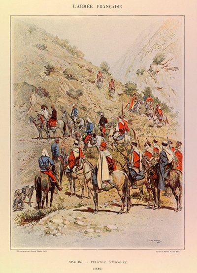 Tipos y uniformes del ejército francés del Capitán Jules Richard, ilustrado por Edouard Detaille: Spahis; Pelotón de escolta en 1886 de Jean Baptiste Edouard Detaille