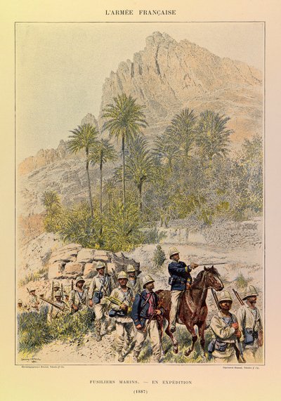 Tipos y uniformes del ejército francés del capitán Jules Richard, ilustrado por Edouard Detaille (1848-1912): Fusileros marinos en expedición en 1887, colección privada de Jean Baptiste Edouard Detaille