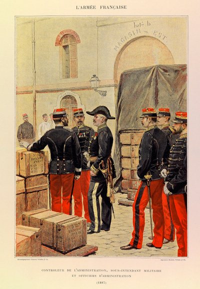 Tipos y uniformes del ejército francés del capitán Jules Richard, ilustrado por Edouard Detaille (1848-1912): Controlador de administración, intendente militar adjunto y oficiales administrativos en 1887, colección privada de Jean Baptiste Edouard Detaille