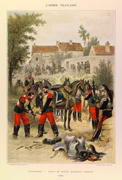 Tipos y uniformes del ejército francés del capitán Jules Richard, ilustrado por Edouard Detaille (1848-1912): Coraceros; manejo de carreteras; mariscal ferrant en 1886, colección privada de Jean Baptiste Edouard Detaille