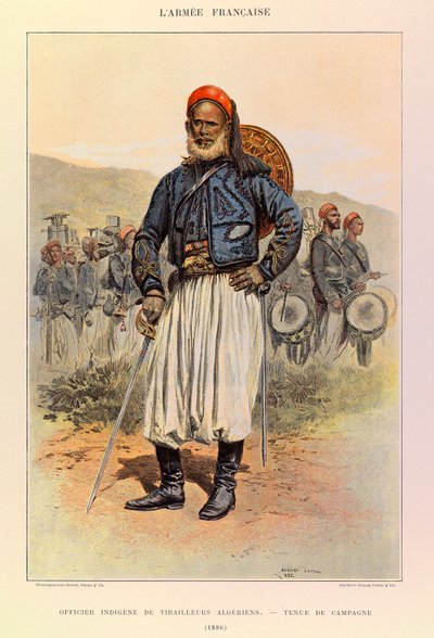 Tipos y uniformes del Ejército Francés del Capitán Jules Richard, ilustrado por Edouard Detaille (1886): Oficial Nativo de Tunecinos Argelinos en Uniforme de Campo, Colección Privada de Jean Baptiste Edouard Detaille