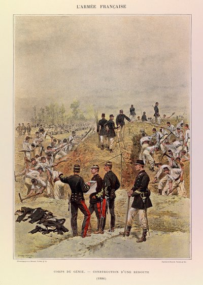 Tipos y uniformes del ejército francés del capitán Jules Richard, ilustrado por Edouard Detaille: Cuerpo de Ingenieros; Construcción de un reducto en 1886, Colección privada de Jean Baptiste Edouard Detaille