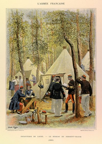 Tipos y uniformes del ejército francés del capitán Jules Richard, ilustrado por Edouard Detaille: Infantería de línea: La oficina del sargento mayor en 1885, Colección privada de Jean Baptiste Edouard Detaille