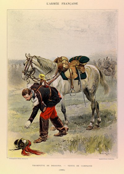 Tipos y uniformes del ejército francés del Capitán Jules Richard, ilustrado por Edouard Detaille (1848-1912): Trompeta de Dragones en uniforme de campo en 1885, Colección Privada de Jean Baptiste Edouard Detaille