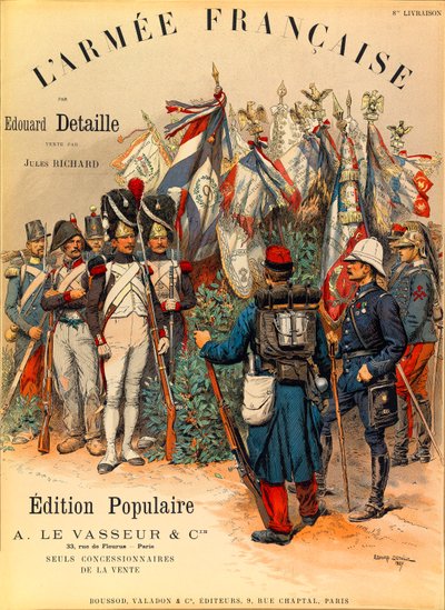 Tipos y uniformes del Ejército Francés por el Capitán Jules Richard, ilustrado por Edouard Detaille (1848-1912): Primera portada del libro L