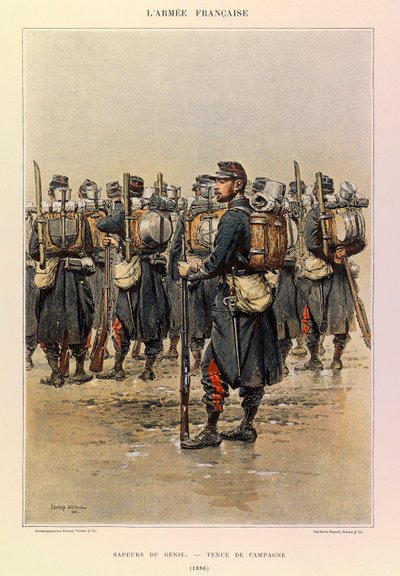 Tipos y uniformes del Ejército Francés del Capitán Jules Richard, ilustrado por Edouard Detaille (1848-1912): Zapador del Ingenieros en vestimenta de campo en 1886, colección privada de Jean Baptiste Edouard Detaille