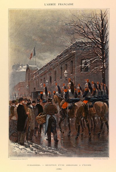 Tipos y uniformes del Ejército Francés del Capitán Jules Richard, ilustrado por Edouard Detaille (1848-1912): Coraceros: Recepción de una embajada en el Elíseo en 1886, colección privada de Jean Baptiste Edouard Detaille