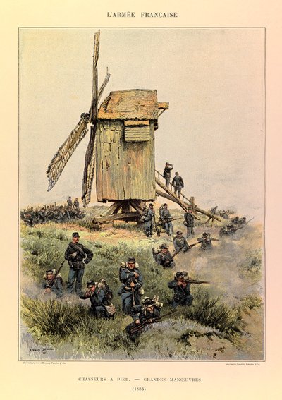 Tipos y uniformes del Ejército Francés del Capitán Jules Richard, ilustrado por Edouard Detaille (1848-1912): Cazadores a pie; las grandes maniobras en 1885, colección privada de Jean Baptiste Edouard Detaille