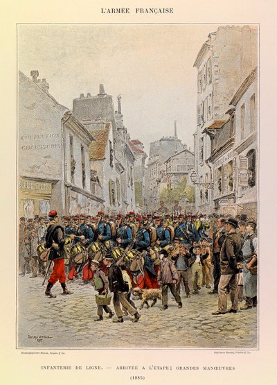 Tipos y uniformes del Ejército Francés del Capitán Jules Richard, ilustrado por Edouard Detaille (1848-1912): Infantería de línea: Llegada al escenario durante las grandes maniobras en 1885, colección privada de Jean Baptiste Edouard Detaille