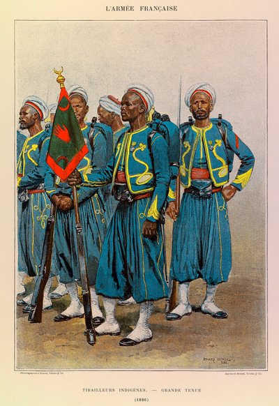 Tipos y Uniformes del Ejército Francés del Capitán Jules Richard, ilustrado por Edouard Detaille (1848-1912): Tiradores Nativos en Gran Atuendo en 1886, Colección Privada de Jean Baptiste Edouard Detaille