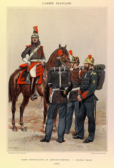 Tipos y uniformes del Ejército Francés del Capitán Jules Richard, ilustrado por Edouard Detaille (1848-1912): Guardia Republicana y Bomberos en Gran Atuendo en 1887, Colección Privada de Jean Baptiste Edouard Detaille