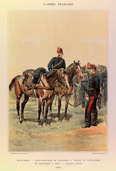 Tipos y uniformes del Ejército Francés del Capitán Jules Richard, ilustrado por Edouard Detaille (1848-1912): Artillería: Suboficiales de baterías a caballo y artilleros de batería a pie en gran atuendo en 1886, Colección privada de Jean Baptiste Edouard Detaille