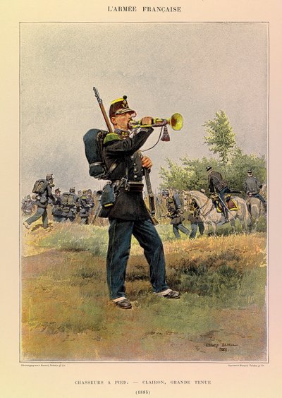 Tipos y uniformes del Ejército Francés del Capitán Jules Richard, ilustrado por Edouard Detaille (1848-1912): Cazadores a pie: Corneta en gran atuendo en 1885, Colección privada de Jean Baptiste Edouard Detaille
