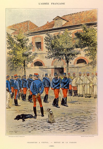 Tipos y uniformes del ejército francés del Capitán Jules Richard, ilustrado por Edouard Detaille: Cazadores a caballo; Desfile de la parada en 1886 de Jean Baptiste Edouard Detaille