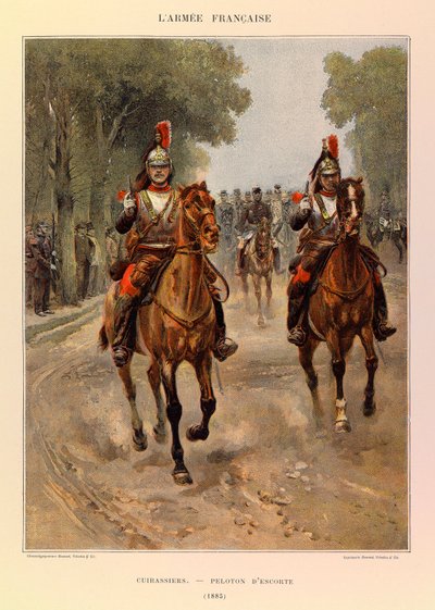 Tipos y uniformes del ejército francés del Capitán Jules Richard, ilustrado por Edouard Detaille: Coraceros; Pelotón de escolta en 1885 de Jean Baptiste Edouard Detaille