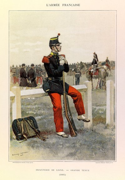 Tipos y uniformes del ejército francés del Capitán Jules Richard, ilustrado por Edouard Detaille: Infantería de línea en gran estilo en 1885 de Jean Baptiste Edouard Detaille