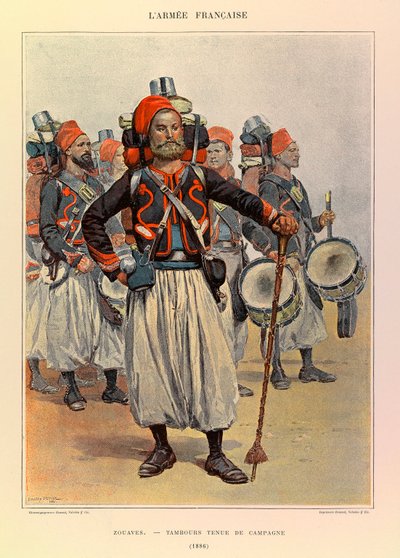 Tipos y uniformes del ejército francés del capitán Jules Richard, ilustrado por Edouard Detaille (1848-1912): Zuavos: tambor en traje de campo en 1886, colección privada de Jean Baptiste Edouard Detaille