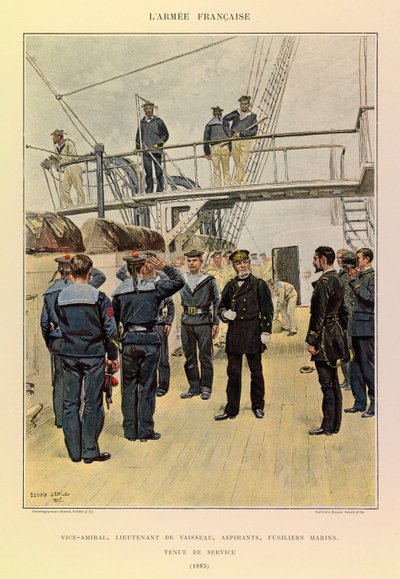 Tipos y uniformes del ejército francés del Capitán Jules Richard, ilustrados por Edouard Detaille: Armada: Vicealmirante, teniente de navío, aspirantes, fusileros marinos en uniforme de servicio en 1885 de Jean Baptiste Edouard Detaille
