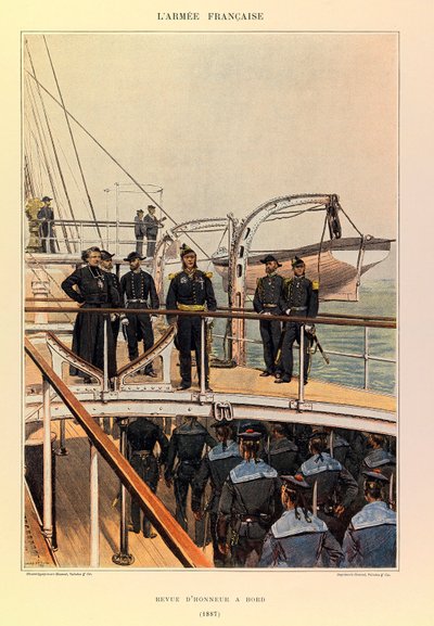 Tipos y uniformes del ejército francés del Capitán Jules Richard, ilustrados por Edouard Detaille: Marina: Revista de honor a bordo en 1887 de Jean Baptiste Edouard Detaille