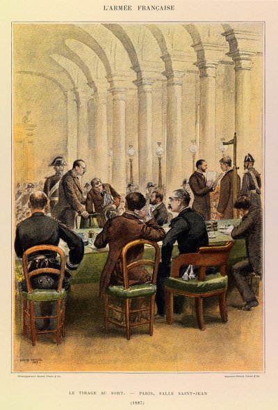 Tipos y uniformes del ejército francés del Capitán Jules Richard, ilustrados por Edouard Detaille: El sorteo en París, Sala Saint Jean en 1887 de Jean Baptiste Edouard Detaille
