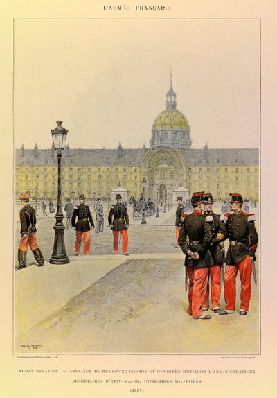 Tipos y uniformes del Ejército Francés del Capitán Jules Richard, ilustrado por Edouard Detaille (1887): Administración: Jinete, escribano militar y trabajadores administrativos, secretarios de personal, enfermeras militares, Colección Privada de Jean Baptiste Edouard Detaille