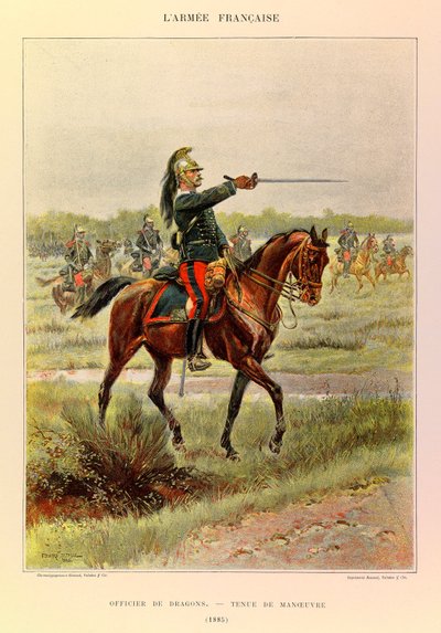 Tipos y uniformes del Ejército Francés del Capitán Jules Richard, ilustrado por Edouard Detaille (1885): Oficial de Dragones en traje de maniobras, Colección Privada de Jean Baptiste Edouard Detaille