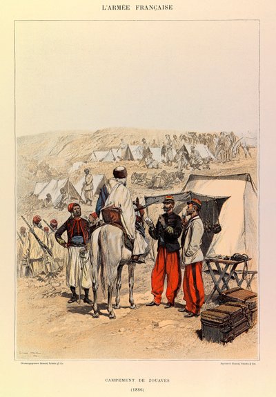 Tipos y uniformes del ejército francés del capitán Jules Richard, ilustrado por Edouard Detaille: Campamento de Zuavos en 1886, Colección privada de Jean Baptiste Edouard Detaille