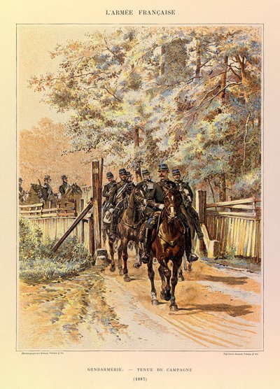 Tipos y uniformes del ejército francés del Capitán Jules Richard, ilustrado por Edouard Detaille (1848-1912): Gendarmería en uniforme de campaña en 1887, Colección Privada de Jean Baptiste Edouard Detaille