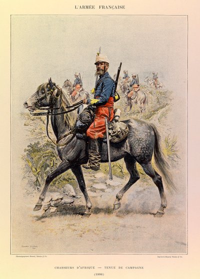 Tipos y uniformes del ejército francés del Capitán Jules Richard, ilustrado por Edouard Detaille (1848-1912): Cazadores de África en uniforme de campo en 1886, Colección Privada de Jean Baptiste Edouard Detaille