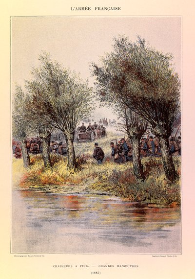 Tipos y uniformes del ejército francés del Capitán Jules Richard, ilustrado por Edouard Detaille (1848-1912): Cazadores a pie; las grandes maniobras en 1885, Colección Privada de Jean Baptiste Edouard Detaille