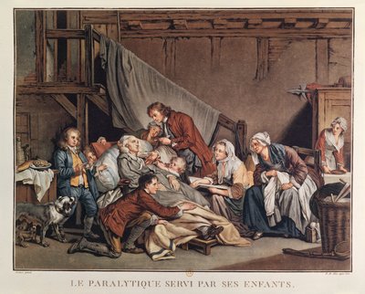 El hombre paralítico ayudado por sus hijos, grabado por Alix, c.1800 de Jean Baptiste Greuze