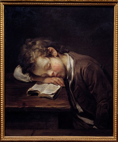 El pequeño perezoso. Retrato de un niño que se quedó dormido sobre su libro. Pintura de Jean Baptiste Greuze (1725-1805) de Jean Baptiste Greuze