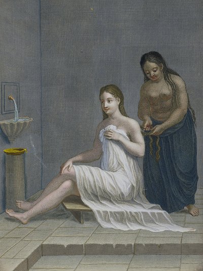 Chica turca, trenzando su cabello en los baños, siglo XVIII de Jean Baptiste Haussard