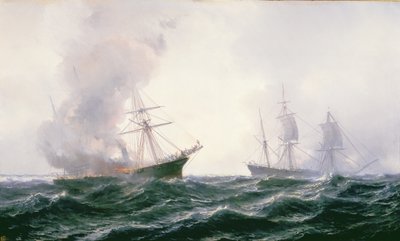 Un barco en llamas en el mar, con otro al lado de Jean Baptiste Henri Durand Brager