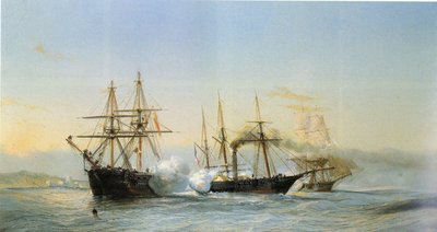 Combate naval frente a la costa marroquí entre dos bergantines marroquíes y una corbeta de ruedas francesa con ocasión del bombardeo de Mogador por la escuadra francesa en 1844. de Jean Baptiste Henri Durand Brager