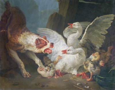 Un Perro Atacando Gansos de Jean Baptiste Huet