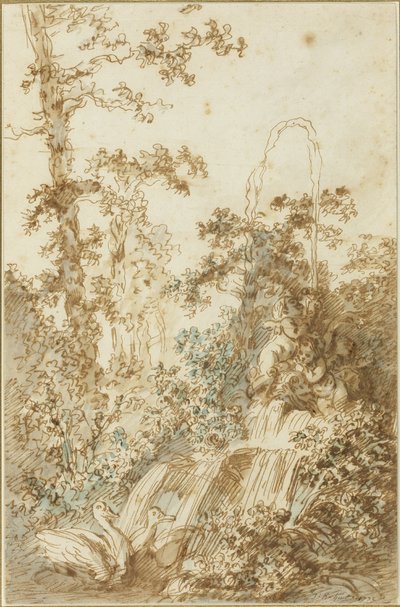 Capricho con fuente y cisnes juguetones de Jean Baptiste Huet