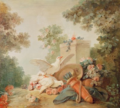 Salón del grabador Gilles Demarteau, sobre la puerta: palomas, un carcaj y un sombrero de paja, c.1750-65 de Jean Baptiste Huet