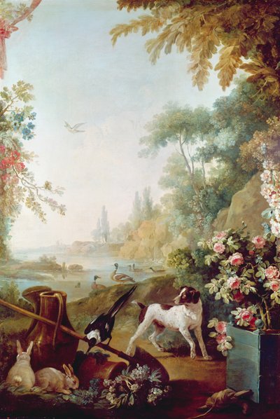 Dos conejos, una urraca y un perro, del Salón de Gilles Demarteau de Jean Baptiste Huet