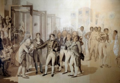 Napoleón Bonaparte visitando la fábrica de terciopelo de los hermanos Sevene en Rouen de Jean Baptiste Isabey